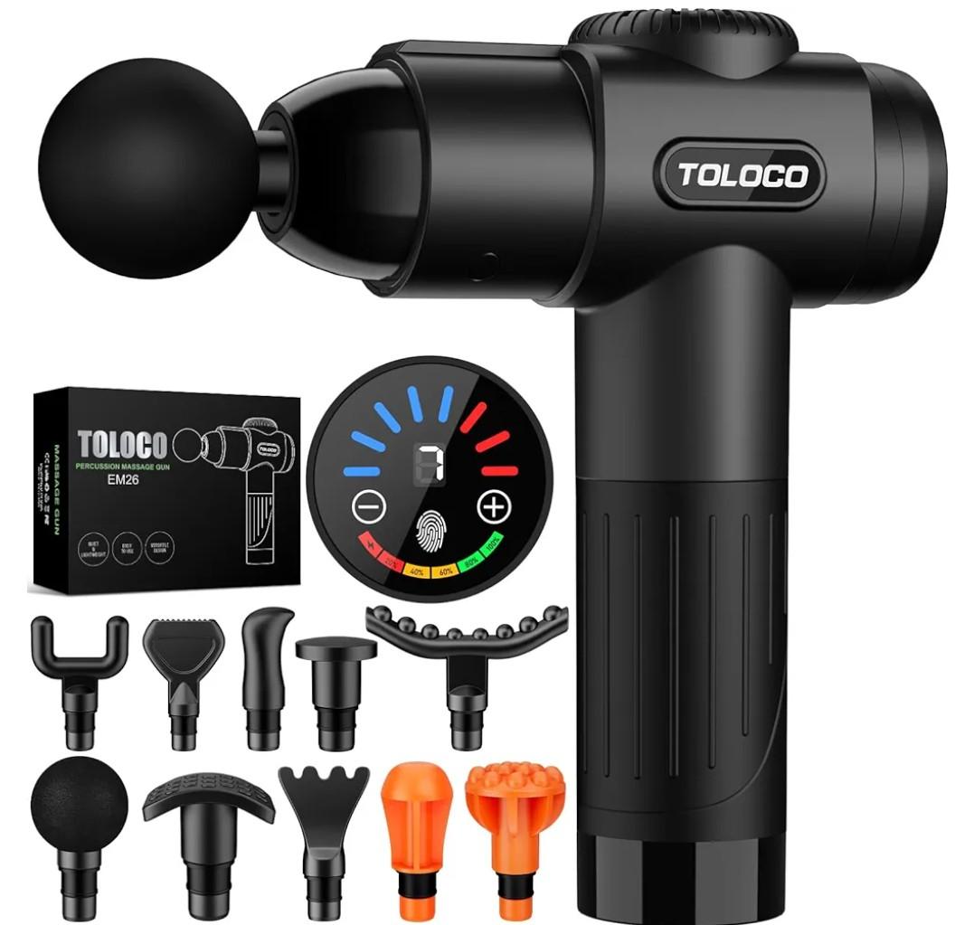 TOLOCO Massage Gun, Deep Tissue Back Massage for Athletes for Pain Relief, Percussion Massager with 10 Massages Heads & Silent Brushless Motor, Valentines Day Gifts for Him Her, Black