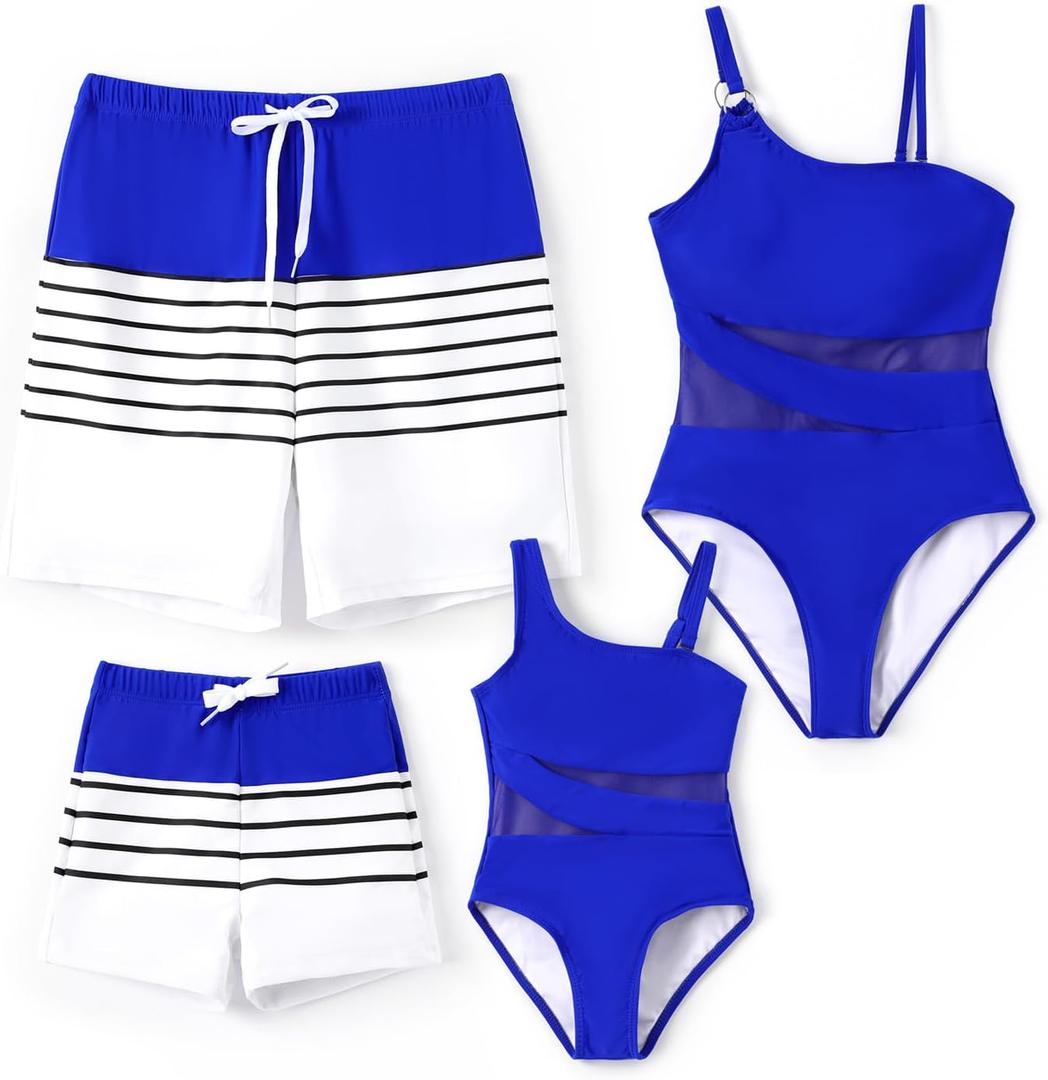 PATPAT Family Matching Summer Swimwear, Women and Girl One-Piece Swimsuit, Men and Boy Swim Trunks (White, M)