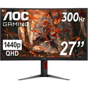 AOC CQ27G4ZH 27" Curved Gaming Monitor, QHD 2K 2560x1440, 1500R VA, 300Hz 0.3ms MPRT, HDMI x2, DP x1, Height Adjustable Stand, HDR, 3-Year Zero-Bright-dot