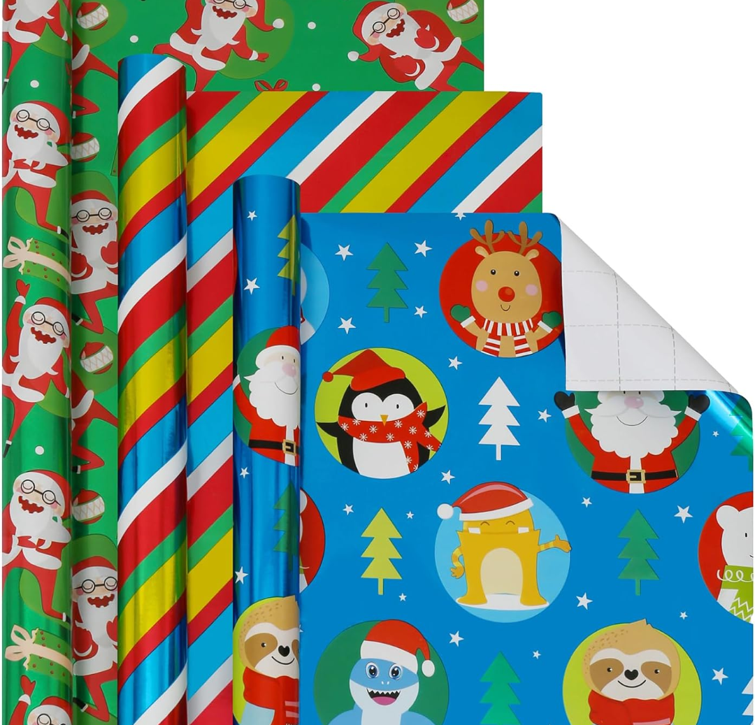 Christmas Foil Wrapping Paper with Cut Lines on Reverse 3 Rolls Pack - Dancing Santa Claus, Colorful Stripes and Assorted Christmas Characters - Holiday Wrapping Paper Bundle, 24 Inch X 144