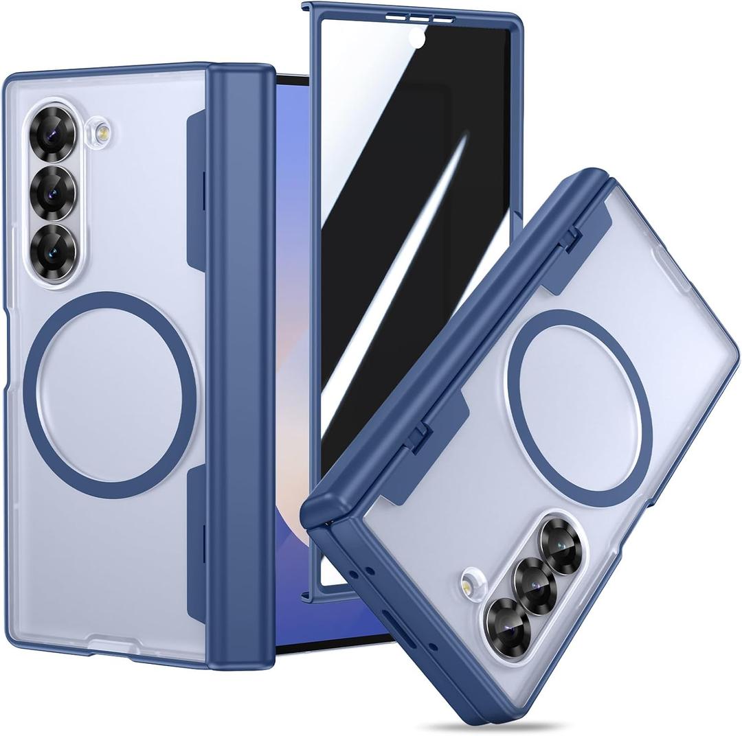 Case for Galaxy Z Fold 6, Compatible with MagSafe, with [Hinge Protection][Tempered Glass Privacy Screen Protector], Magnetic Anti-Spy Shockproof Clear Cover for Samsung Galaxy Z Fold 6 - Blue