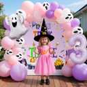 Trick or Three Party Decor Trick Or Three Banner Halloween Ghost Balloons for Pink Halloween Girl Third Birthday Party Decorations (Purple)