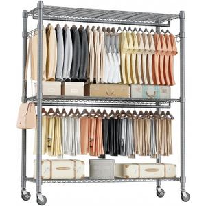 Homdox Rolling Clothes Rack Heavy Duty, 3-Tier Adjustable Wire Shelving Garment Organizer with Double Rods & Hooks, Portable Clothes Rack with Wheels, 17.72" D x 47.24" W x 80.71" H, Grey