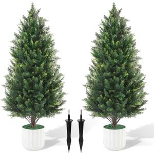 3FT Artificial Cedar Topiary Trees Set of 2 Detachable Planter & Spike,UV Resistant Faux Plants Outdoor and Indoor,Realistic Fake Bushes Pine Tree for Front Porch Decor Patio Offices Living Room (Green)