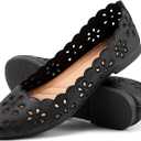 FRACORA Women's Ballet Flats Black PU Leather Dress Shoes Comfortable Round Toe Slip on Flats with Breathable Eyelets Women's 9.5
