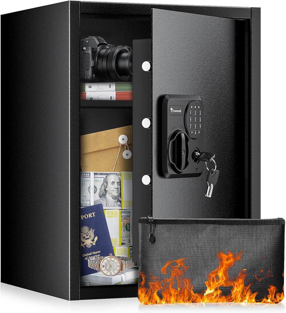 Bonsaii 1.8 Cubic Feet Security Home Safe with Digital Keypad & Fireproof Bag, Fire-Resistant Security Box for Jewelry, Cash, Guns | Fireproof Document Safe (14.2"x12.99"x19.7") (1.8 cu.ft. (Fireproof))