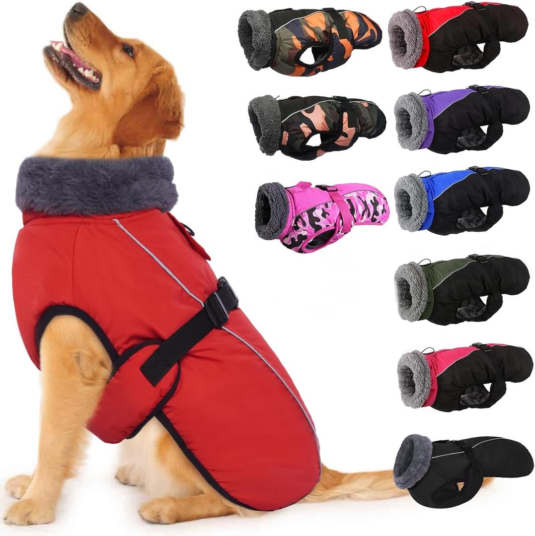 IECOii Extra Warm Reflective Adjustable Dog Jacket - Dog Winter Coat with Buckle Fleece Turtleneck for Cold Weather,  Extra Large Dogs (Chest:24.4-29.9 in), Pure Red)