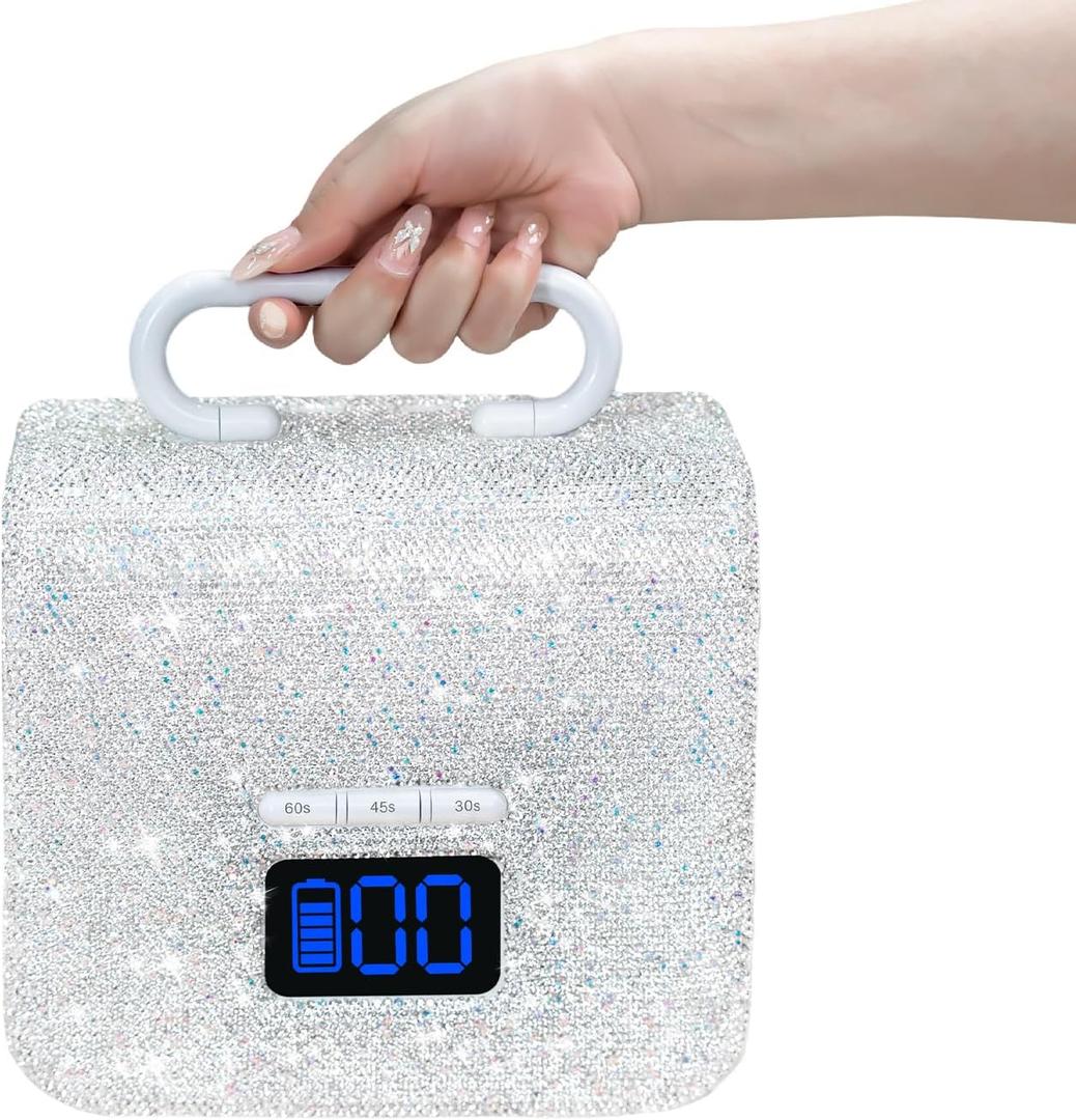 220W UV LED Nail Lamp, UV Light for Gel Nails, Wireless Rechargeable Professional Curing Lamp, with Portable Handle and Sparkly Rhinestones, LCD Display, Easy to Carry for Salon & Home