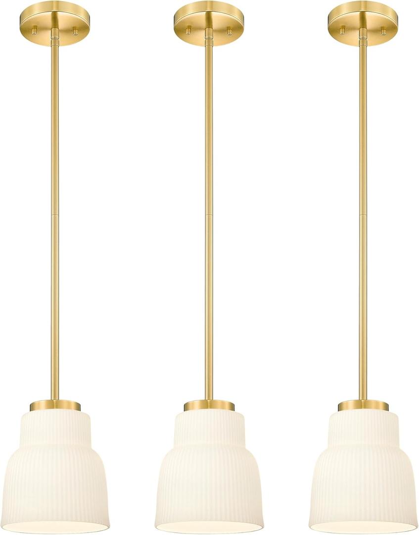 FEMILA 6.7" Kitchen Pendant Lighting Over Island, 3 Pack Brushed Gold Pendant Lighting, Milk Glass Hanging Light Fixtures for Bedroom Hotel Dining Room, 4FYD87MIL-3PK BG