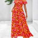 BTFBM Womens Spring 2026 Casual Maxi Dresses Short Sleeve Smocked Tiered Floral Boho Long Beach Dress with Pockets (M)