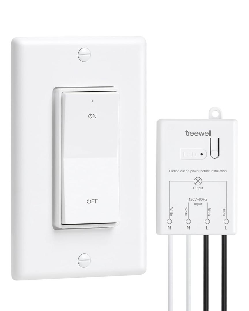 Wireless Light Switch and Receiver Kit, Decorator Rocker Wall Switch, 200FT Long Range RF Remote Control, No in-Wall Wiring Required, Programmable & Expandable for Ceiling Light, Fans, Lamps