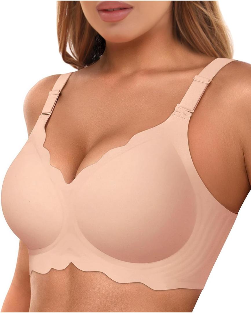 Bras for Women No Underwire Wireless Bras with Support & Lift Seamless Scalloped Full Coverage Tshirt Bra (X-Large, Skin)