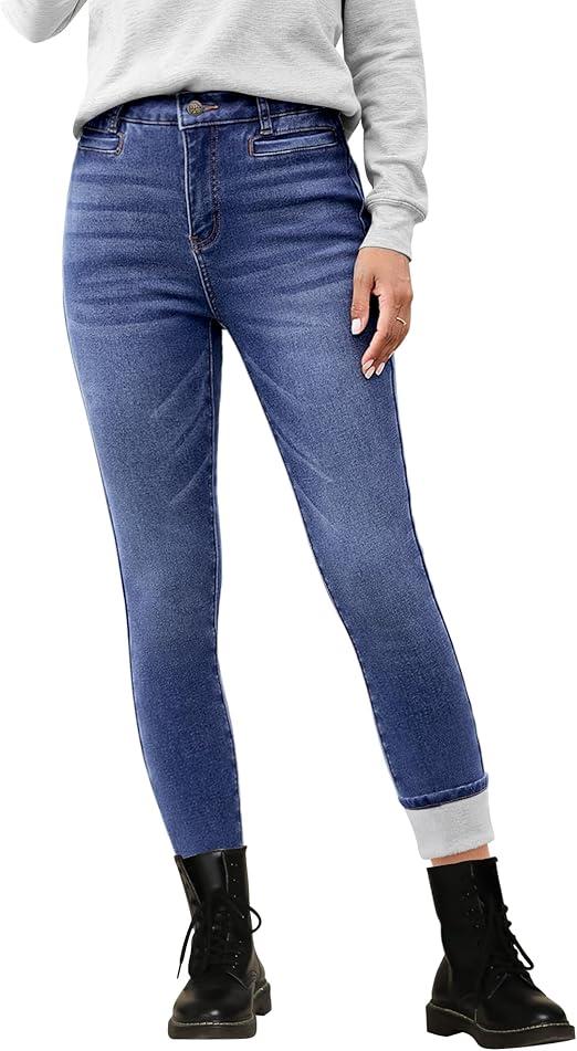 GRAPENT Fleece Lined Jeans for Women High Waisted Skinny Welt Pocket Winter Stretchy Denim Pants Warm Thermal Jeggings, Medium