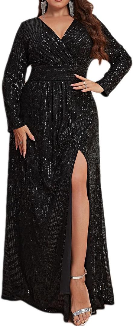 Plus Size Women Long Sleeve Formal Dress V Neck Slit Sequin Long Dress Cocktail Party Dress L