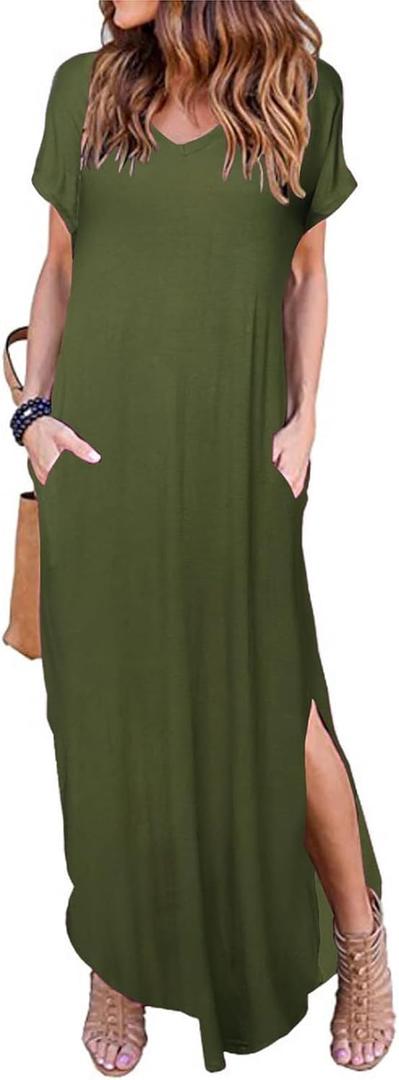 HUSKARY Women's Summer Maxi Dress Casual Loose Pockets Long Dress Short Sleeve Split Maxi Dresses (Army Green 01), XL