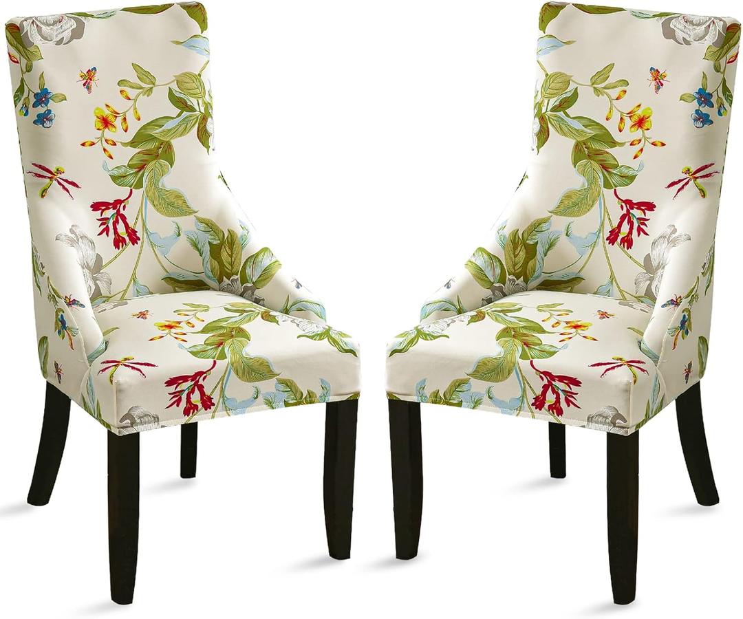 Liykimt Stretch Wingback Side Chair Slipcover-Accent Chair Cover Slipcover with Arm, Washable Upholstered Arm Dining Chair with Nailed Trim Protector for Dining Living Room(Beige/Olive Green,2)