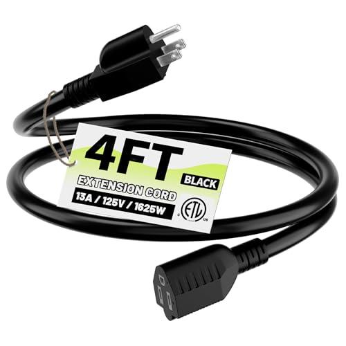 16/3 Black Indoor Outdoor Extension Cord 4 Ft Waterproof, Extension Cord with 3 Prong Grounded Plug,13A 1625W 16AWG SJTW, Flexible Weatherproof Power Cable
