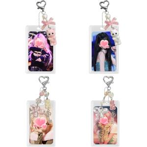 4 Sets Photocard Holder with Cute Cat Bear Keychain Kawaii Transparent Kpop Photocard Holder Charms 3 Inch Y2K Photo Display Card Keychain for Kpop Album ID Bus Badge Card