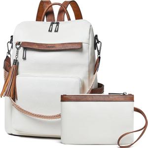 Shrrie Vegan Leather Laptop Backpack for Women 15.6 inch Work Backpack Fashion Travel Backpack Purse for Travel College Work (2 Beige With Brown)