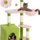 Flower Cat Tree for Indoor Cats, 2-Door Large Cat Condo Cave Bed for Big Adult Cats, 41.2'' Cute Cat Tower with Scratching Posts, Cozy Floral Perch and Hammock for Kittens, Green Pink