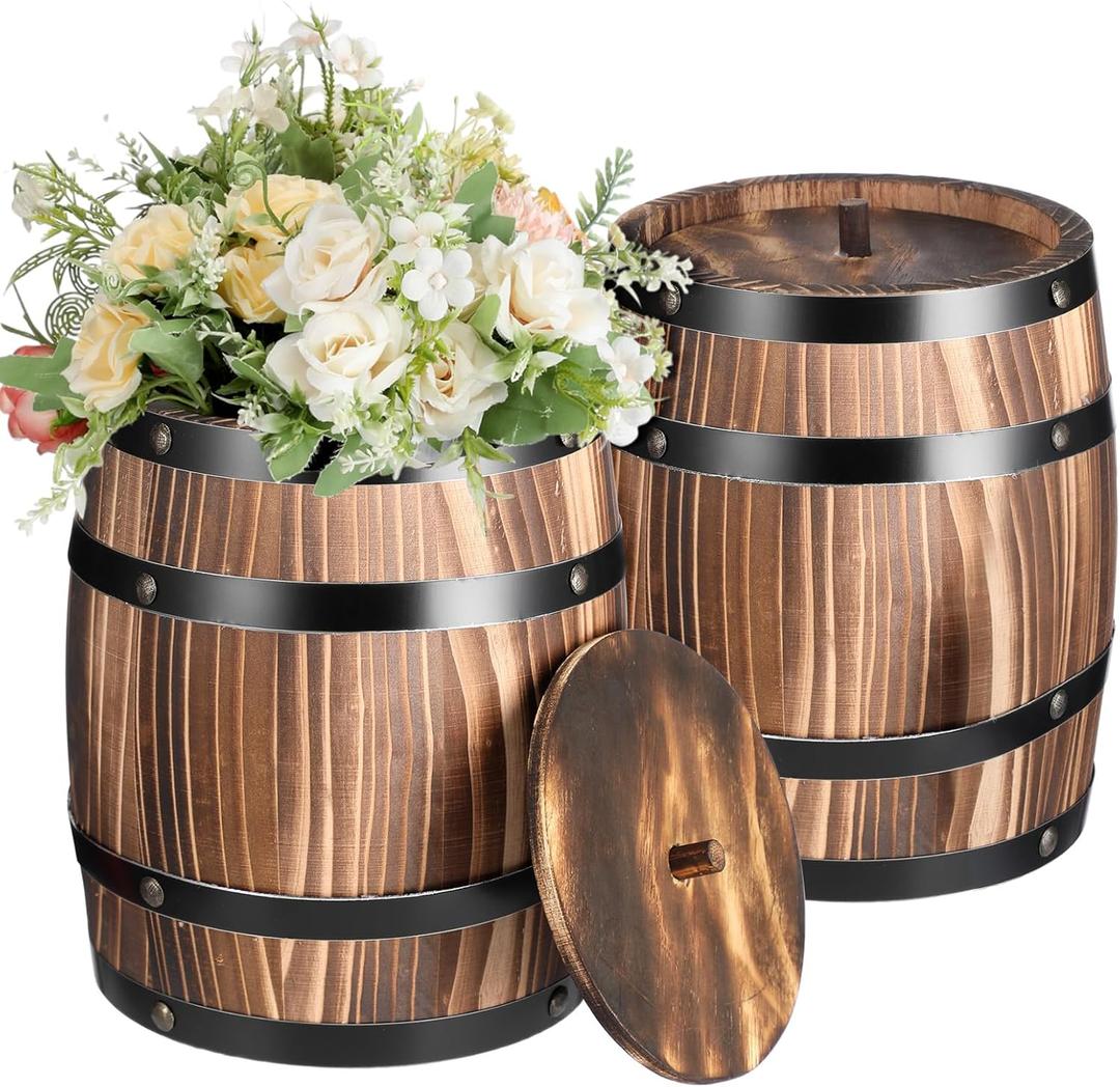 2 Pcs Wood Wine Barrel Vase Vintage Flower Vase Container Rustic Barrel Planter for Wedding Reception Table Decoration Home Indoor Outdoor Garden Kitchen Party (8 x 6.5 Inch)