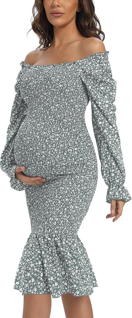 Maternity Spring Floral Midi Bodycon Dresses, Short Puff Sleeve Square Neck Ruffle Hem Mermaid Baby Shower Dress (Gray, XL)