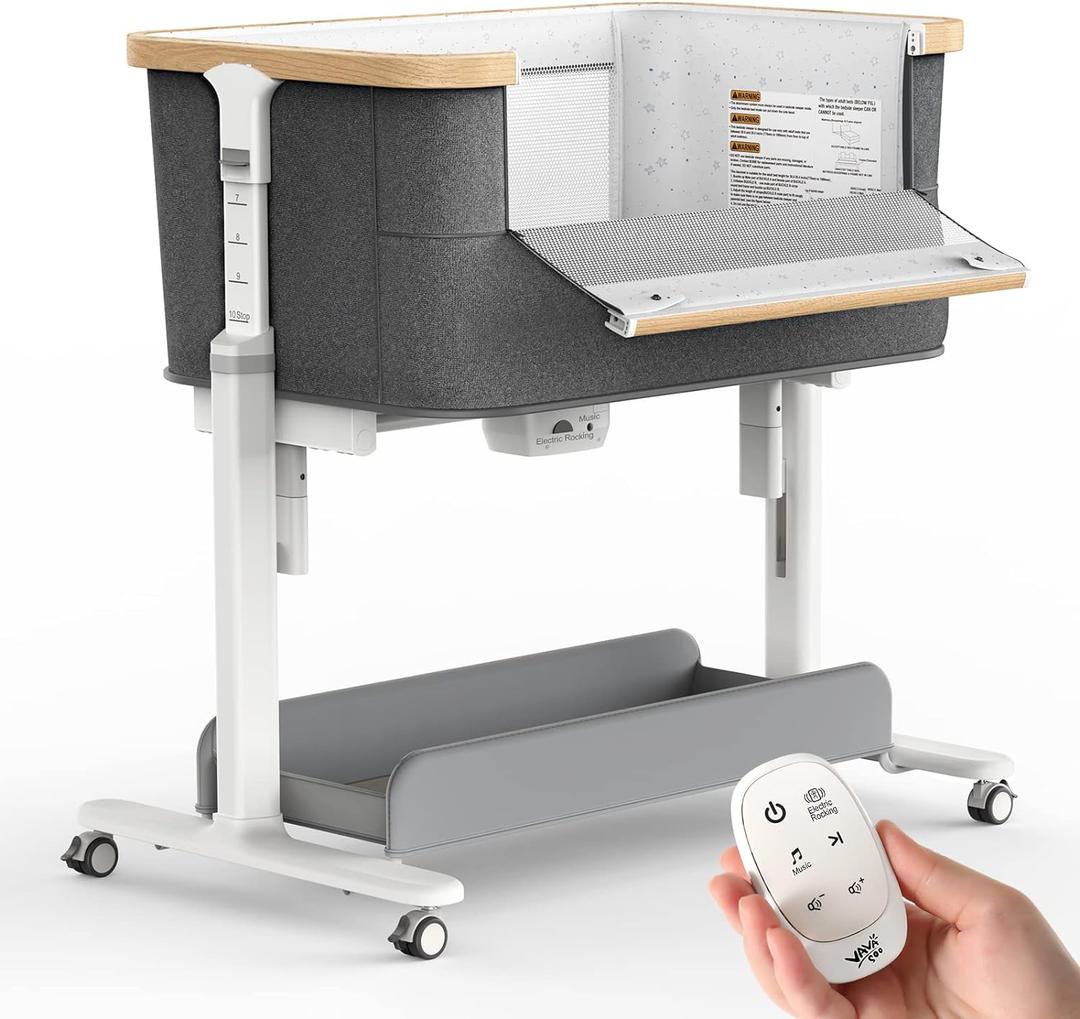 VaVaSoo Electric Rocking Bassinet for Baby Automatic Bedside Sleeper Rocks Itself 3 Speeds Auto Rolling Newborn Cradle 5 Height Adjustable with Music, Wheels, Storage, Dark Grey