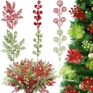 48 Pcs 12 Inch Christmas Tree Picks Christmas Red Green Artificial Curly Berry Stems Ornaments Glitter Artificial Berry Stems Branches Decorative Sticks for Xmas Tree Topper Wreath Craft Vase Filler