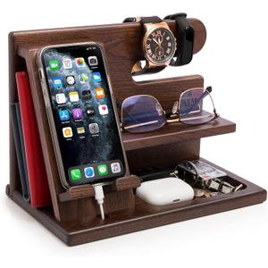 TESLYAR Wood Phone Docking Station for Men - Desktop or Nightstand Organizer - Birthday Gifts for Men, Dad - Anniversary Idea from Wife - Key Holder, Stand Wallet, Watch & Essentials (Bourbon Brown)