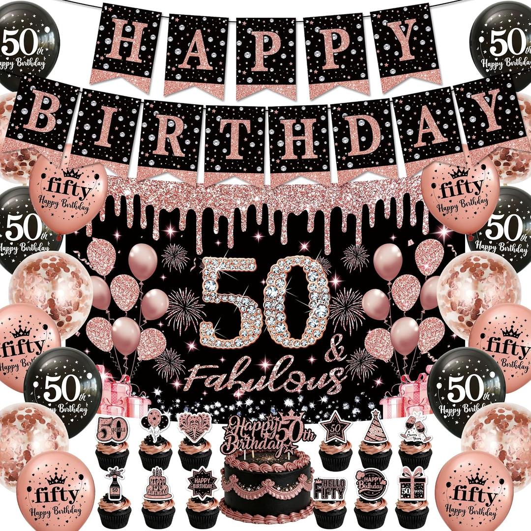 47PCS 50th Birthday Decorations for Women, Happy Birthday Banner With Balloons,Backdrop, Cake,Cupcake Toppers.Black Rose Gold 50th Birthday Party Decorations for Women.