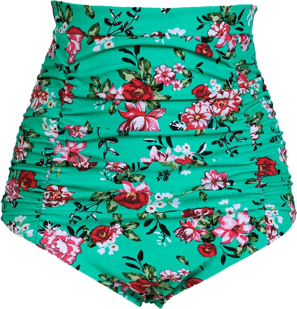 COCOPEAR Women's Ruched High Waisted Bikini Bottom Retro Vintage Swim Short Tankinis (FBA) Floral 40 S/ 4-6