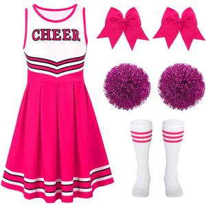 JASGOOD Cheerleader Costume for Girls Halloween Costume Cheerleading Uniform Outfit Set for Dress Up Party Birthday (Size 130, Pink)