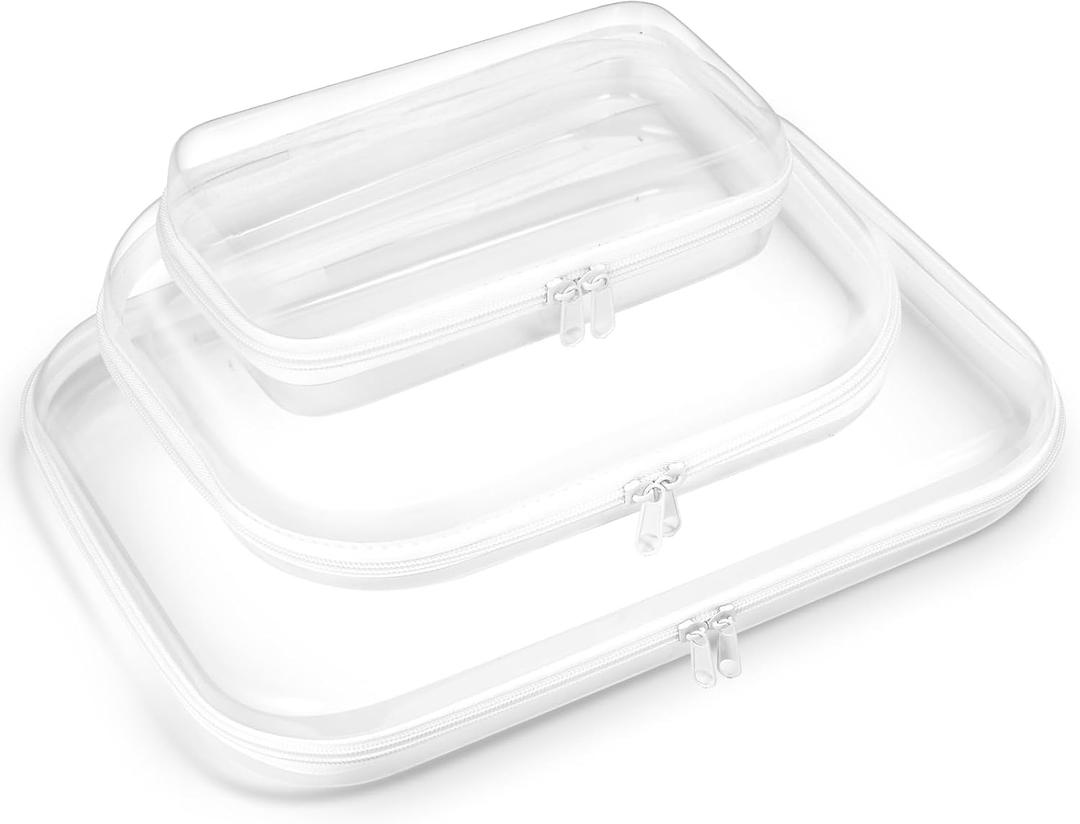 3PCS Clear Hard Plastic Zipper Case, Double Zippers Hard Pouch, Portable Travel Organizer Bin Clear Makeup Bag for Toy Storage, Snack Bag, Cosmetics, Pencil Case, Diaper Bag, Toiletry Bag (3PCS-L)