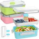 3 Pack Salad Lunch Box Food Storage Containers, 47oz Bento Box To Go Container with Lids, Meal Prep Containers with Removable Tray & Dressing Pots for Kids and Adults, Reusable and Microwavable (Pink & Green & Light Blue)