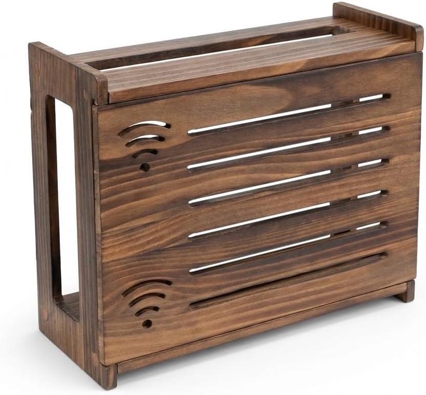 Router Box Hider, Router Shelf WiFi Box Hider, Wooden WiFi Storage Cabinet with Sliding Panel, Vented Back, Cable Management, Modem Cover, Cords & Power Strip, Wall Mount or Tabletop (Dark Oak), Large