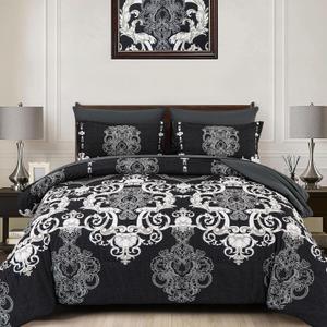 Mybedsoul King Size comforter set, 7 Pieces Boho Bed in a Bag for King Bed, Black Damask Comforter Set with Sheet, Pillowcases & Shams, Soft Microfiber Lightweight Bedding Set for All Season(90"x104")