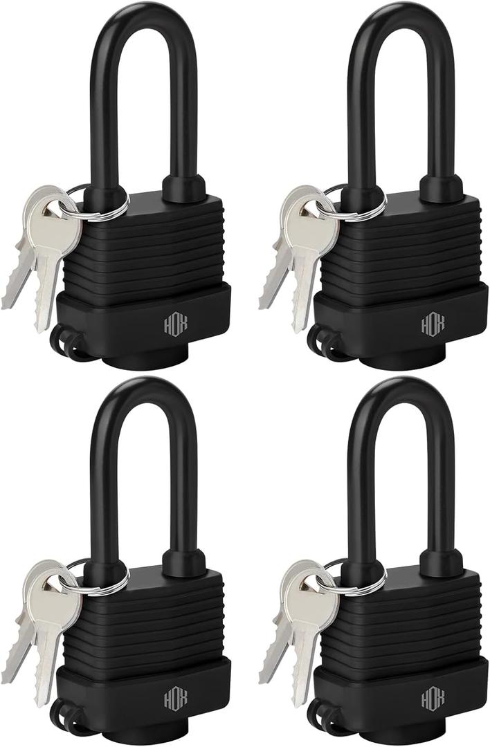 HOX 4-Pack Weather Resistant Padlocks – 40mm Laminated Steel, Chrome Plated with 2-inch Shackle, Vinyl Wrapped, Hardened Steel for Extra Security