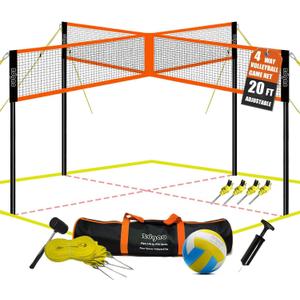 Zdgao 14 ft/20 ft 4-Way Volleyball and Badminton Combo Net with Soft Volleyball, Rubber Hammer and Carry Bag, Adjustable Height Four Square Volleyball Game Set for Backyard and Beach