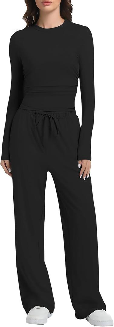 2 Piece Lounge Sets for Women Fall Outfits Long Sleeve Wide Leg Tracksuits Womens Two Pcs Casual Matching Loungewear Set (Medium, Black)