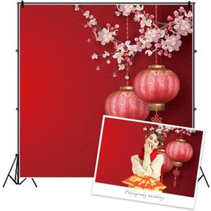 Renaiss 10x10ft Chinese New Year Backdrop Red Lantern Cherry Flower Blooming Chinese Spring Festival Traditional Photography Background New Year Eve's Party Decor Banner Photo Booth Studio Props