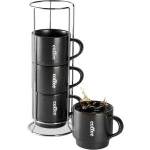 LAUCHUH Coffee Mug Set, Porcelain Stackable Coffee Mugs with Rack,15 oz Cappuccino Cups for Tea, Cocoa, Milk, Latte, Christmas, Set of 4, Matte Black