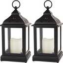 2-Pack 9.5" Vintage Decorative Candle Lantern with LED Flickering Flameless Candle (Black, 8hr Timer) - Indoor Hanging Lanterns Decorative Lanterns Battery Powered LED Candle Timer Candle