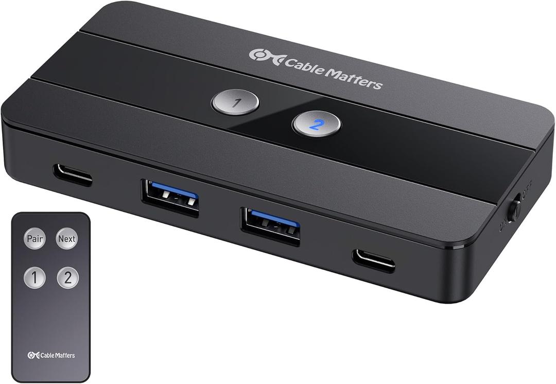 Cable Matters USB C Switch for 2 Computers with Remote Control, 10Gbps Data Transfer, Shares 2X USB-A and 2X USBC Peripherals (Keyboard, Mouse, Printer, SSD), Data Only - No Video, No Host Charging
