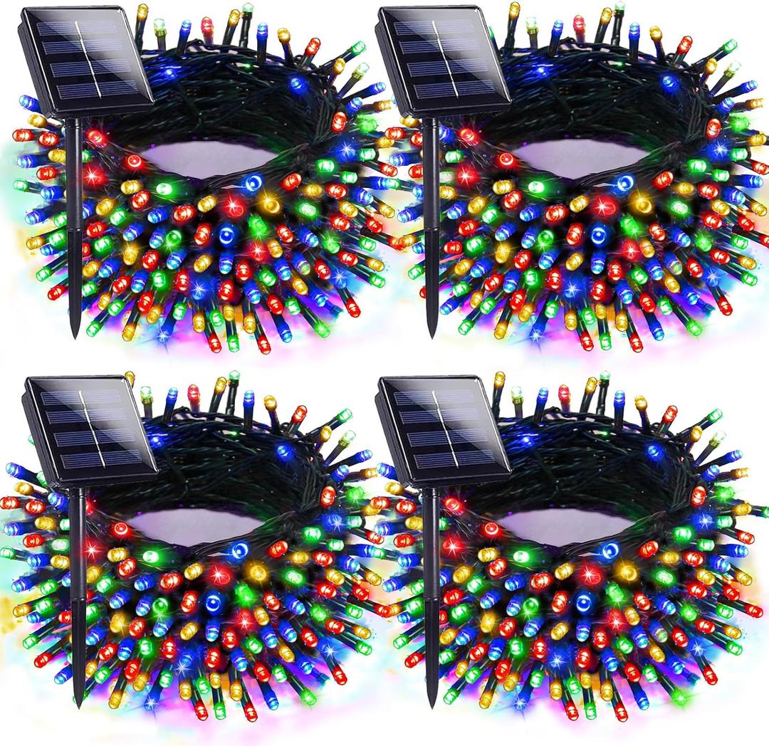 4pk Multi-Colored Solar Christmas Lights Outdoor Waterproof, 400 LED 132 FT Solar Powered LED String Lights Green Wire with 8 Modes, Solar Fairy Lights for Xmas Tree Party Wedding Garden Decorations