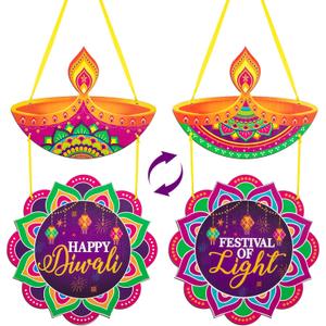 Happy Diwali Decoration Wood Diwali Door Wreath for Front Door Sign Wall Signs Double-sided Printing, Welcome Door Wall Signs Festival of Light Ornaments Hanging Crafts for Home Party Porch Decor Sign (Large, Multi Color)