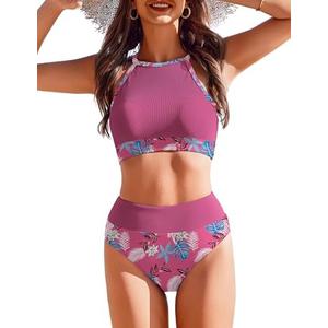 AI'MAGE Women's Bikini Sets High Neck Ribbed Two Pieces Swimsuit Tummy Control Bathing Suits High Waisted Swimwear 2025, Size M