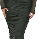 REORIA Women's Summer Mesh Sheer Short Sleeve Midi Ruched Bodycon Dress Mock Neck Elegant Evening Party Cocktail Dresses (Green, L)