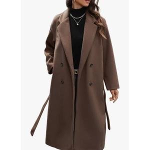 HOTIAN Women's Winter Wool Blend Coat Double Breasted Casual Notch Lapel Long Trench Overcoat Peacoat, Brown, M