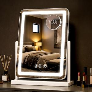 Antok Vanity Mirror with Lights, 14"X18" Lighted Makeup Mirror, Smart Touch, 3 Color Modes and Brightness Adjustable, LED Vanity Mirror with Detachable 10X Magnification, 360 Rotation for Makeup Desk