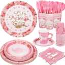 Kochorie 192 Pcs Tea Party Tableware Sets Disposable Let's Partea Party Supplies Plates Cups Napkins Cutlery Serves 24 with Teacups and Saucers Sets for Birthday Wedding Baby Shower Party Decorations